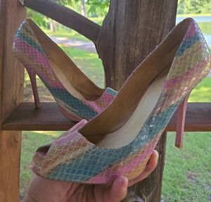 Baker's Princess Pastel Pink And Blue Snakeskin Leather Peep Toe High Heel